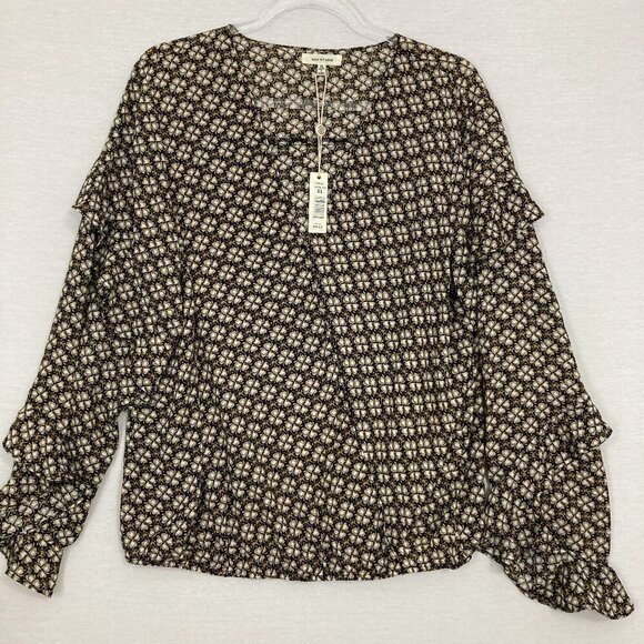 New Max Studio Brown Cream Floral Geometric Boho Print Ruffle Detail Blouse XL - Picture 1 of 10